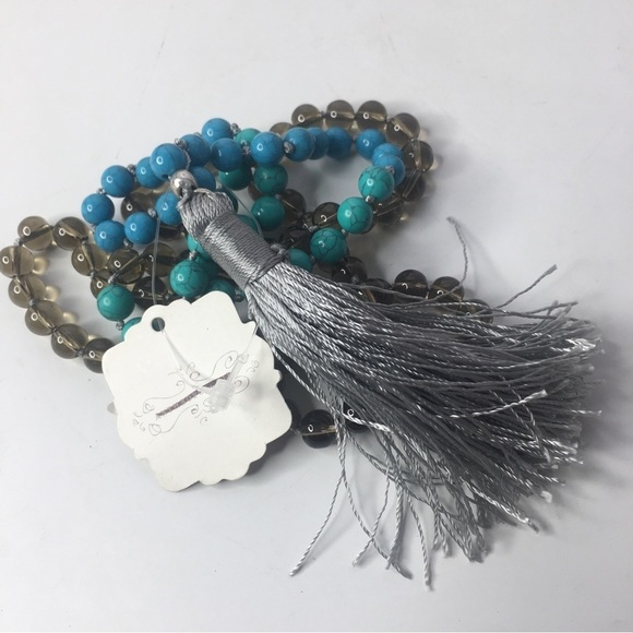 New Anthropologie Turquoise Quartz Beaded Tassel Necklace Blue - Picture 1 of 6
